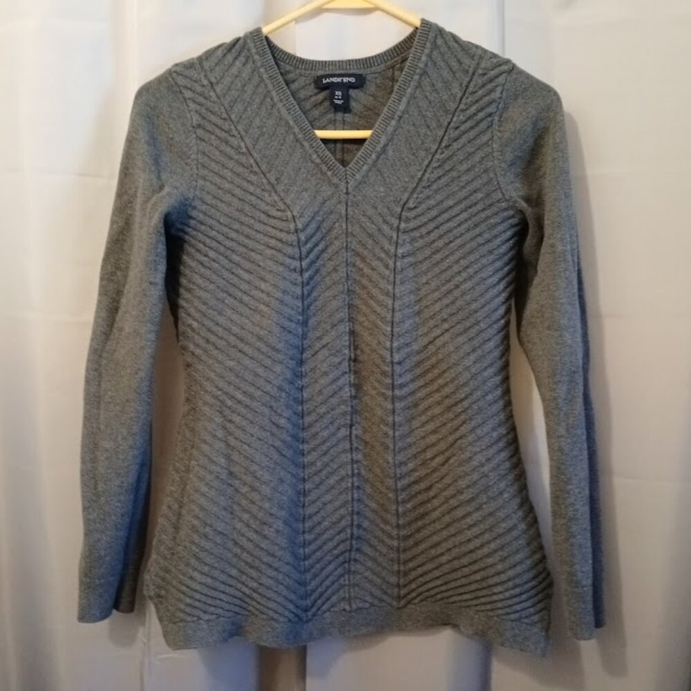 LANDS' END Ribbed Sweater Top XS Dark Gray V-neck Long cap sleeve Heavy knit